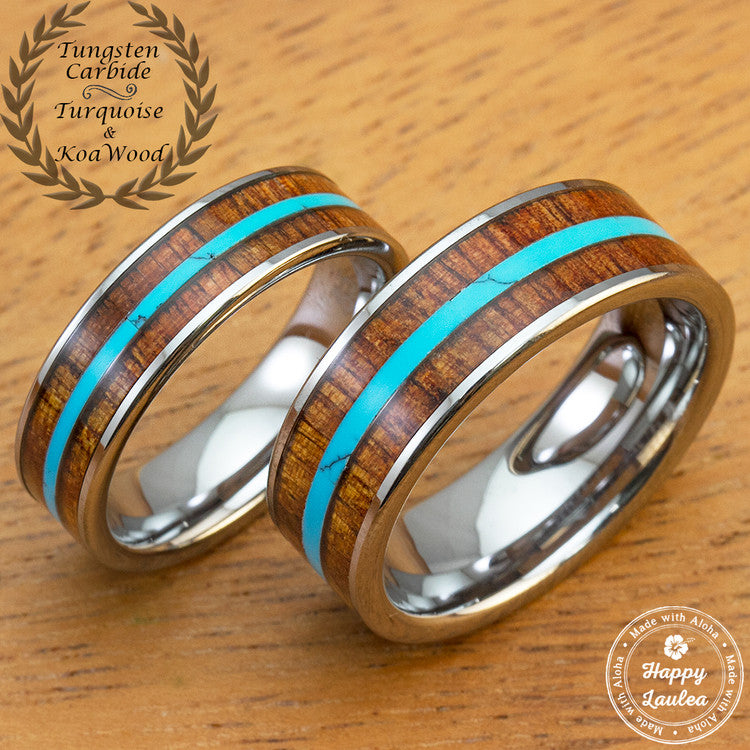 Tungsten Carbide Ring Set with Hawaiian Koa Wood and Thin Mid-Strip Turquoise Inlay