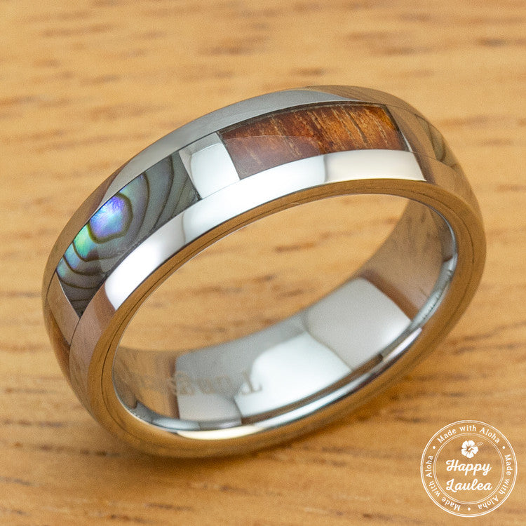 Tungsten Carbide Ring with Hawaiian Koa Wood and Abalone Shell Block Inlay - 6mm, Dome Shape, Comfort Fitment