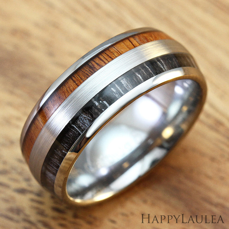 Tungsten Carbide Brush Finish Ring with Koa & Ebony Gabon Wood Double Inlay, 8mm, Dome Shape, Comfort Fitment