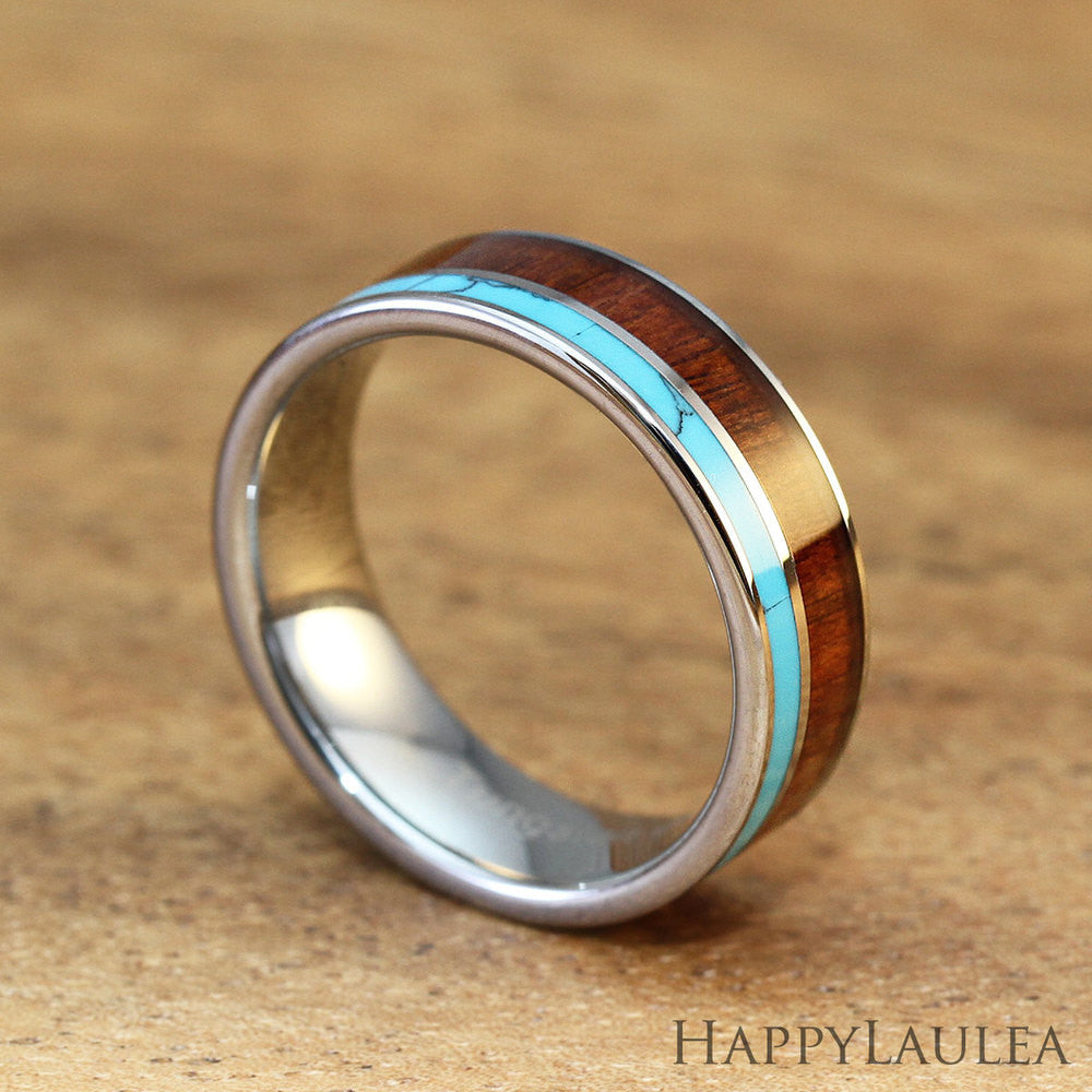 Tungsten Carbide Ring with Koa Wood & Turquoise Inlay