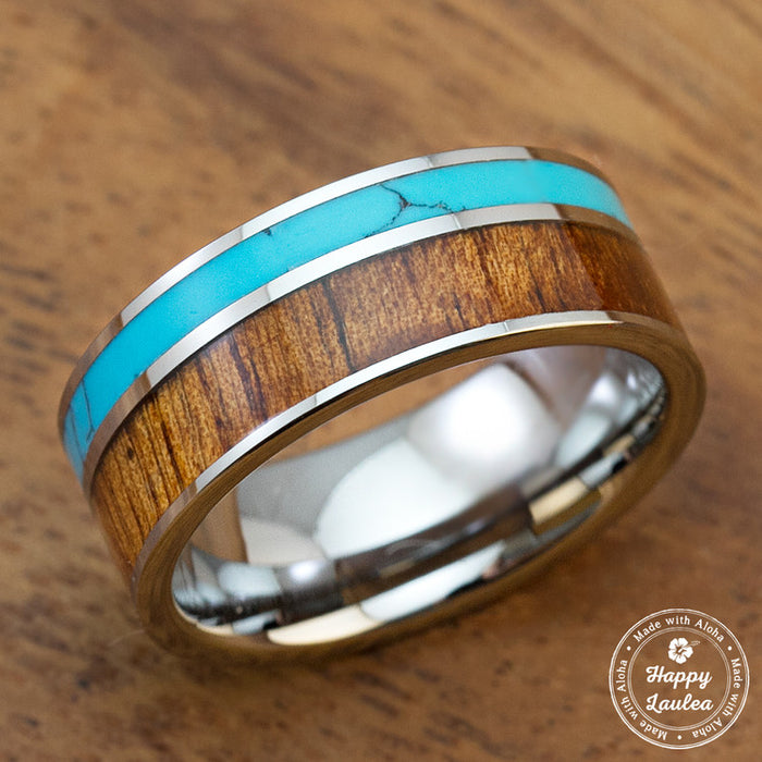 Tungsten Carbide Ring with Koa Wood and Turquoise Inlay