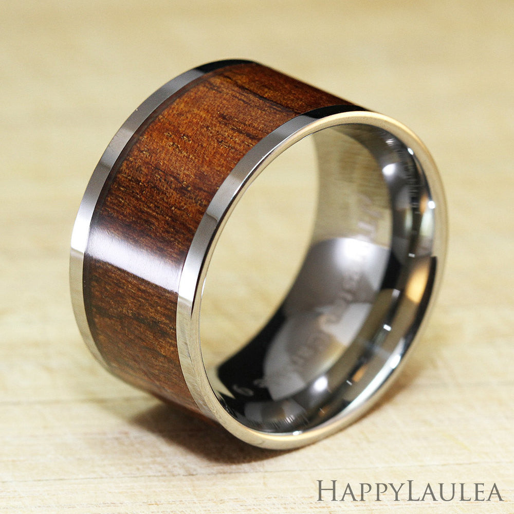Tungsten Carbide Ring with Koa Wood Inlay, 12mm, Flat Shape,
