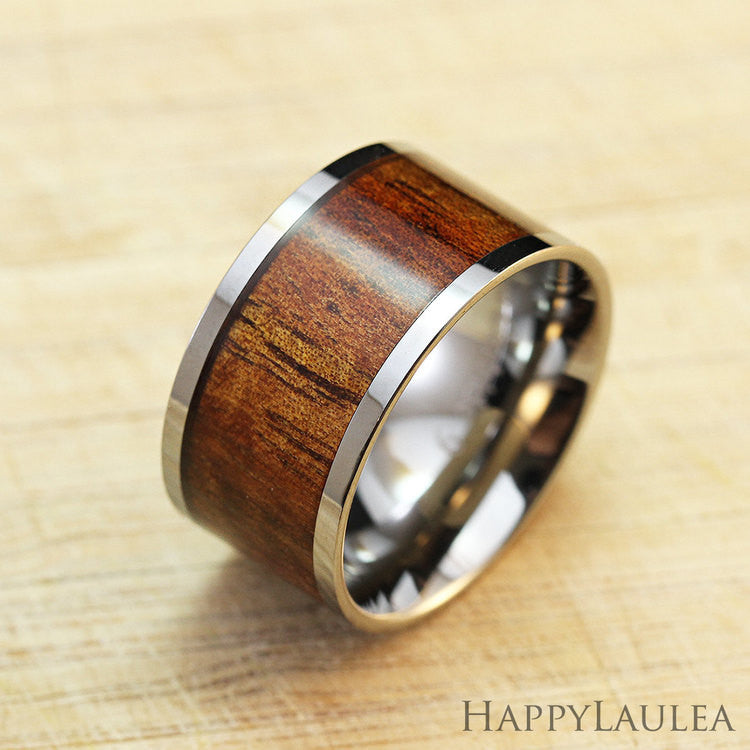 Tungsten Carbide Ring with Koa Wood Inlay, 12mm, Flat Shape,