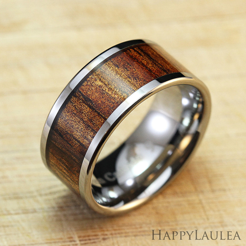 Tungsten Carbide Ring with Koa Wood Inlay, 10mm, Flat Shape, Comfort Fitment