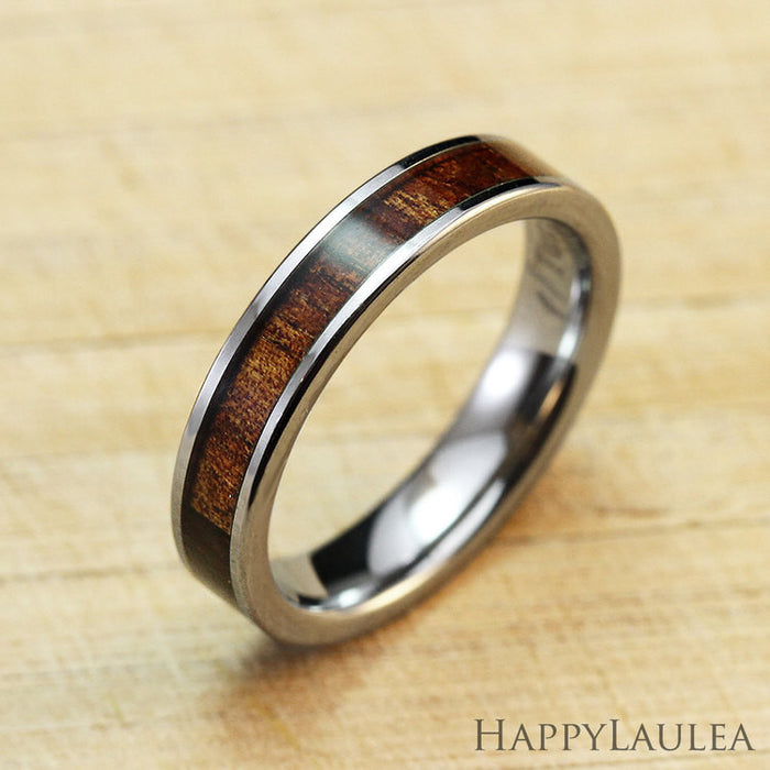 Tungsten Carbide Ring with Koa Wood Inlay, 4mm, Flat Shape, Comfort Fitment