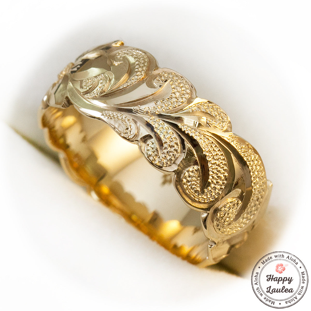 14k Gold Hawaiian Jewelry Ring [8mm width] Hand Engraved Scroll Wave Pattern - Barrel Shape