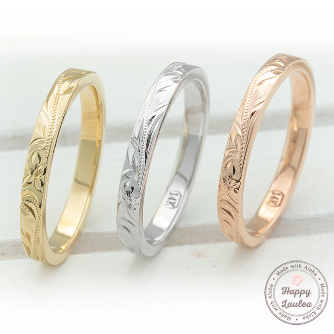 Solid Gold [2.5mm] Hawaiian Jewelry Hand Engraved Ring - Flat Shape