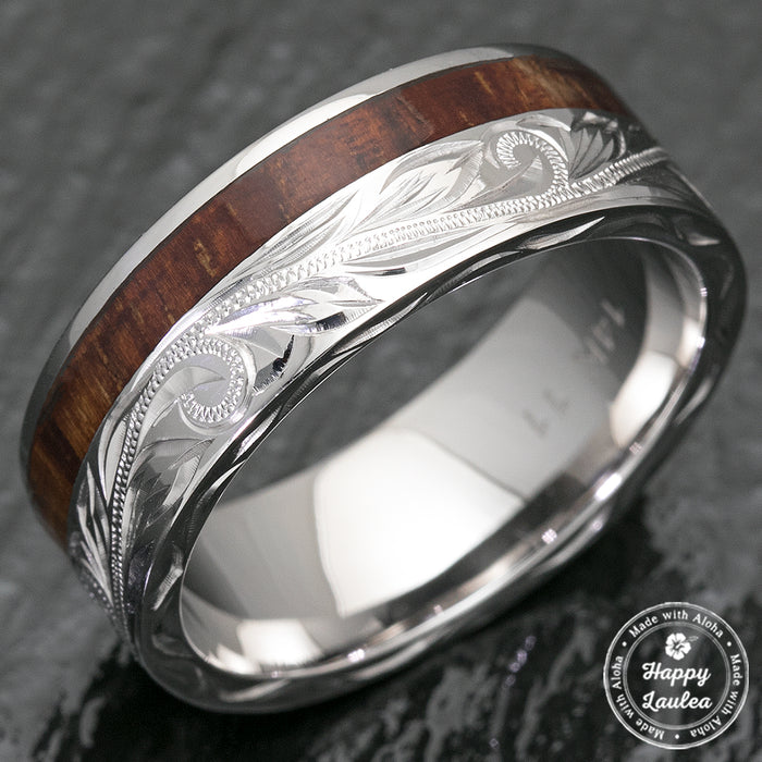 14K White Gold Hawaiian Jewelry Ring with Offset Koa Wood Inlay - 8mm, Flat Shape, Standard Fitment