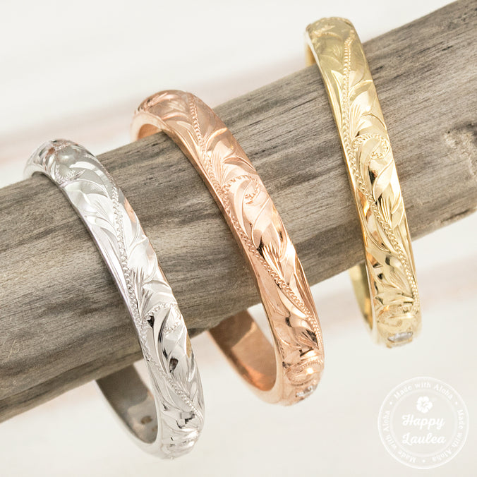 Solid Gold Hawaiian Heirloom Ring [3mm width] Round Diamond Channel Setting -  Barrel Shape