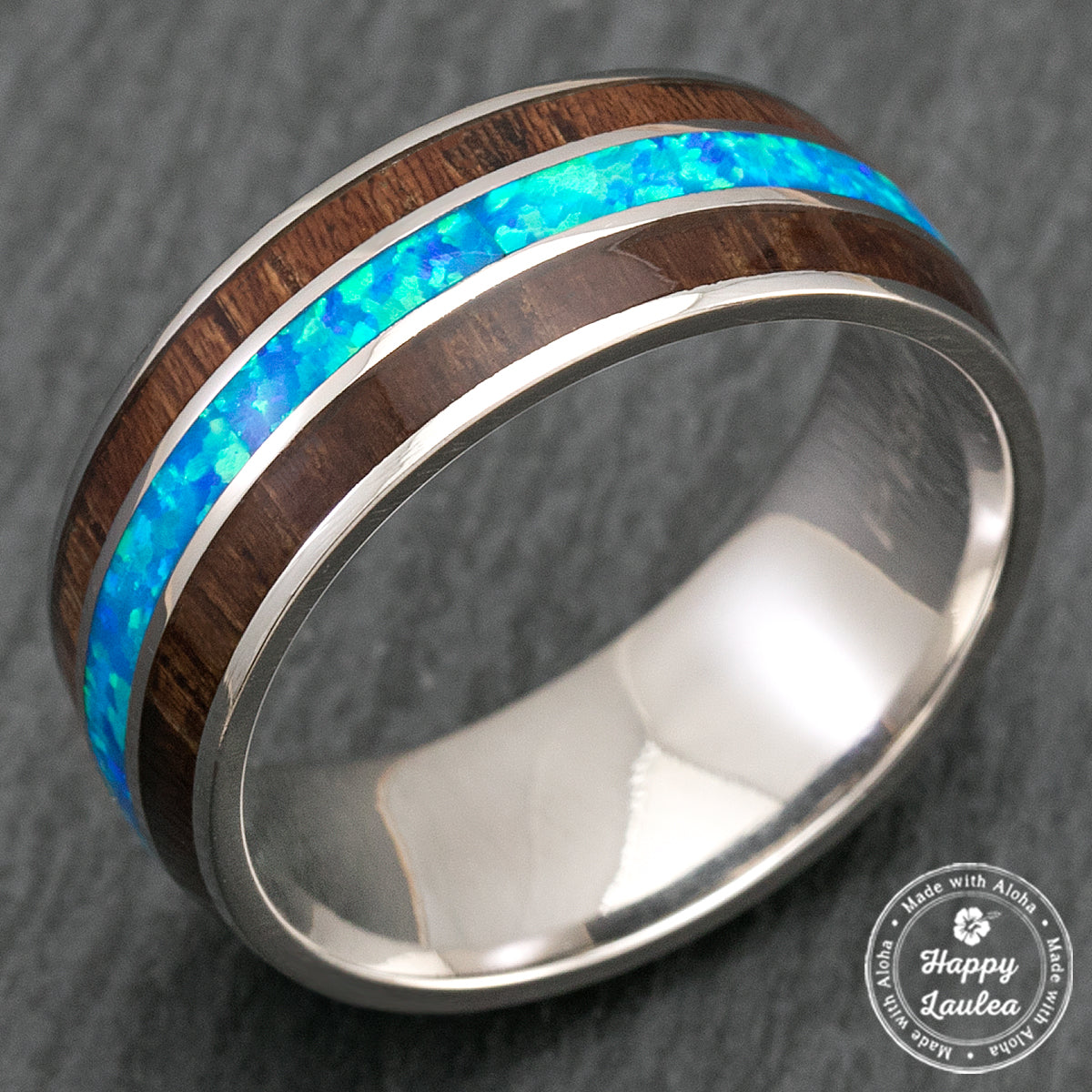 14K White Gold or Platinum Ring with Hawaiian Koa Wood & Blue Opal Tri-Inlay - 8mm, Dome Shape, Comfort Fitment