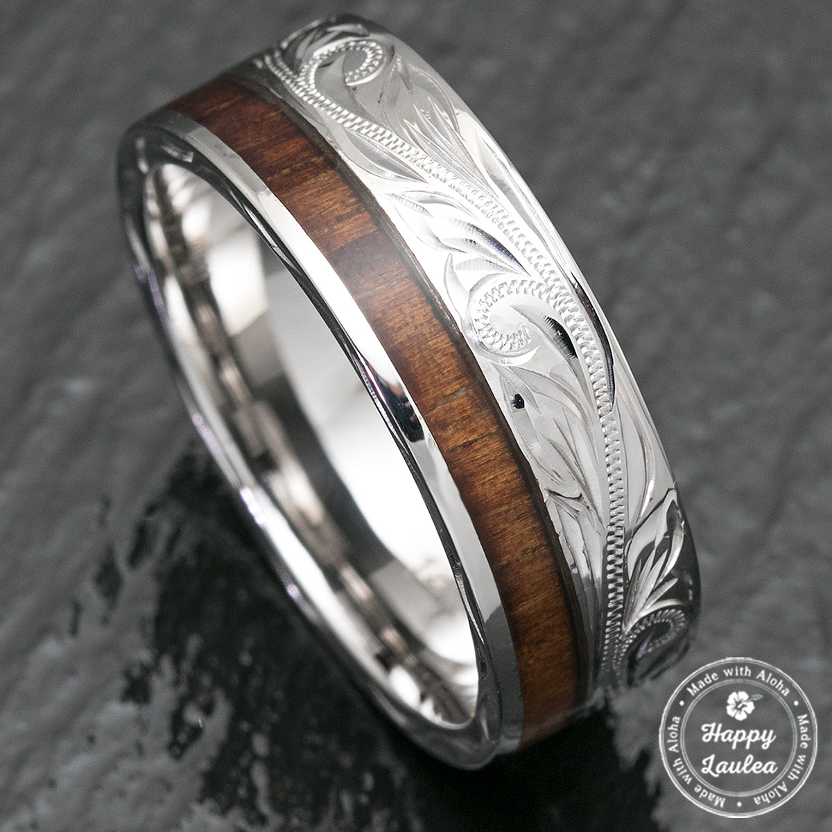 14K White Gold Hawaiian Jewelry Ring with Offset Koa Wood Inlay - 8mm, Flat Shape, Standard Fitment