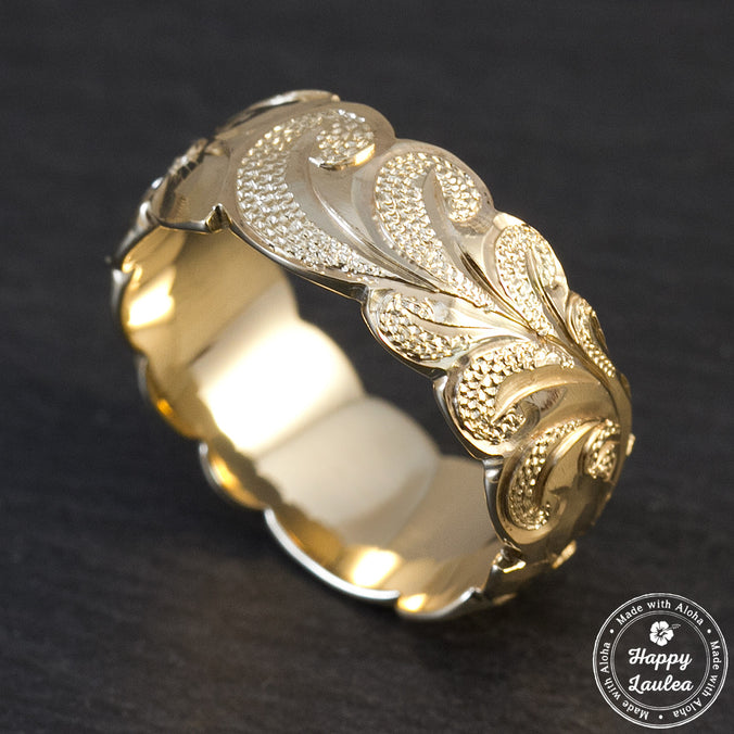 Solid Gold Hawaiian Jewelry Ring [8mm width] Hand Engraved Scroll Wave Pattern - Barrel Shape