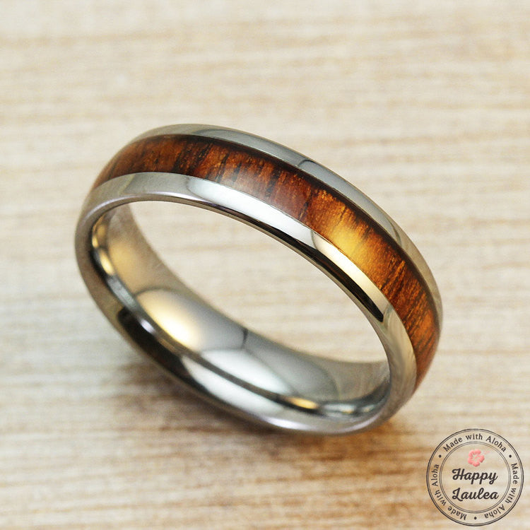 Tungsten Carbide Ring with Koa Wood Inlay, 6mm, Dome Shape, Comfort Fitment