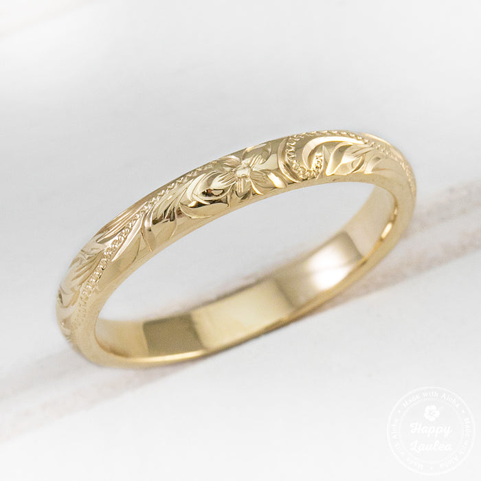 14K Gold Hand Engraved Ring [2.5mm width] Old English Design - Barrel Shape