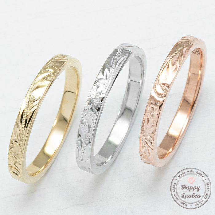 Solid Gold [2.5mm] Hawaiian Jewelry Hand Engraved Ring - Flat Shape