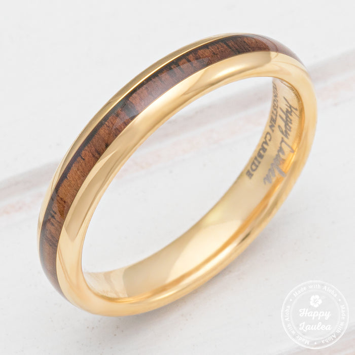 Petite Tungsten Carbide Yellow Gold ION Plated Ring with Hawaiian Koa Wood Inlay - 3mm, Dome Shape, Comfort Fitment