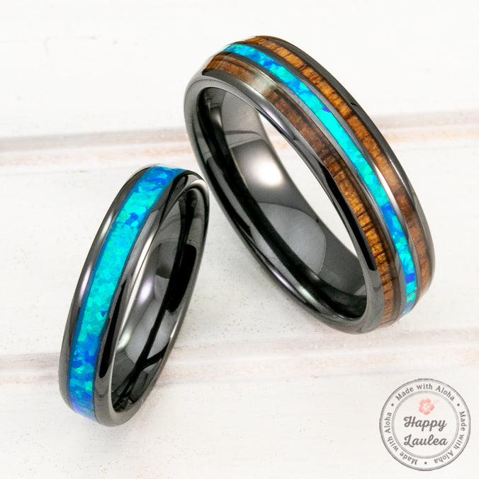 Pair of 3&6mm Black Ceramic Rings with Blue Opal and Hawaiian Koa Wood Inlay - Assorted Design, Dome Shape, Comfort Fitment
