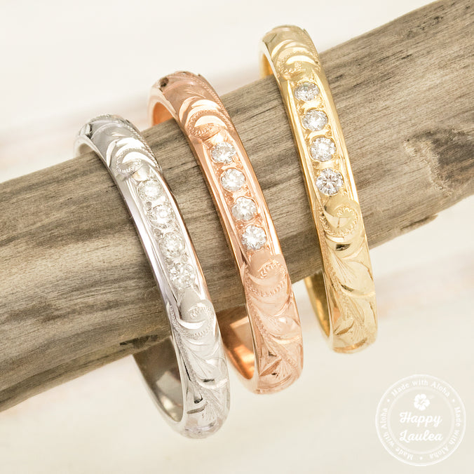 Solid Gold Hawaiian Heirloom Ring [3mm width] Round Diamond Channel Setting -  Barrel Shape