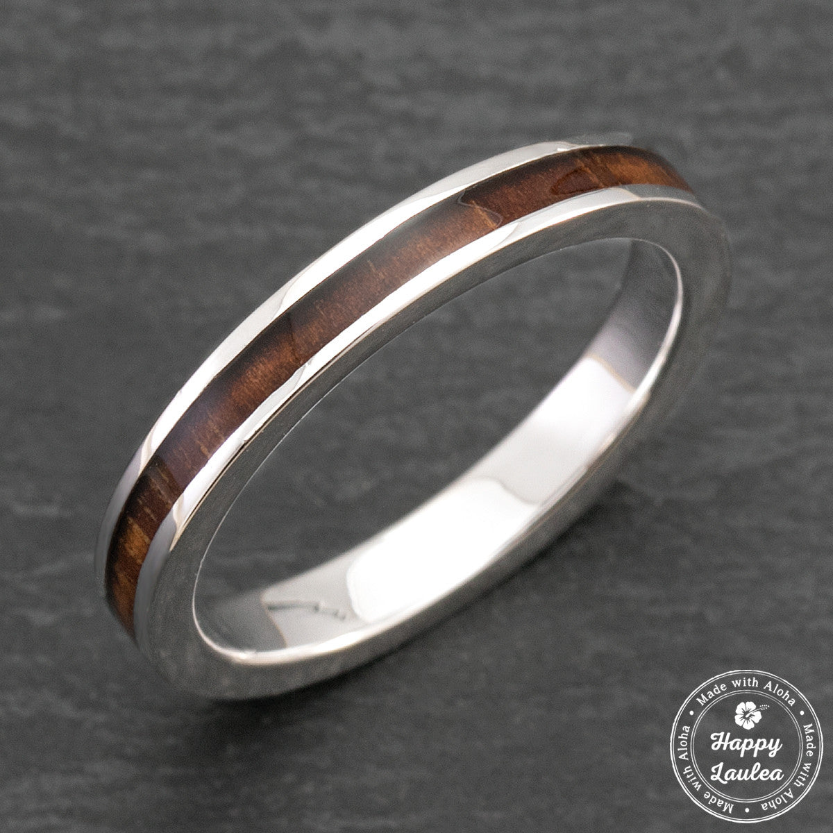 Platinum Ring with Koa Wood Inlay - 3mm, Flat Shape, Comfort Fitment
