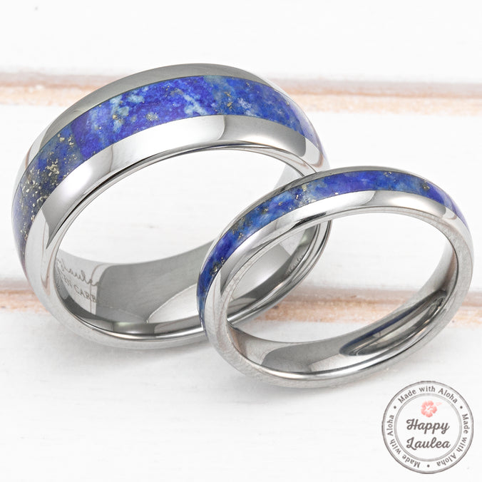 Pair of 4&8mm Tungsten Carbide Rings with Lapis Lazuli Inlay - Dome Shape, Comfort Fitment