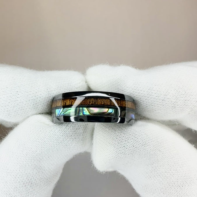 Black Zirconium Ring [8mm width] Abalone Shell & Hawaiian Koa Duo-Inlay