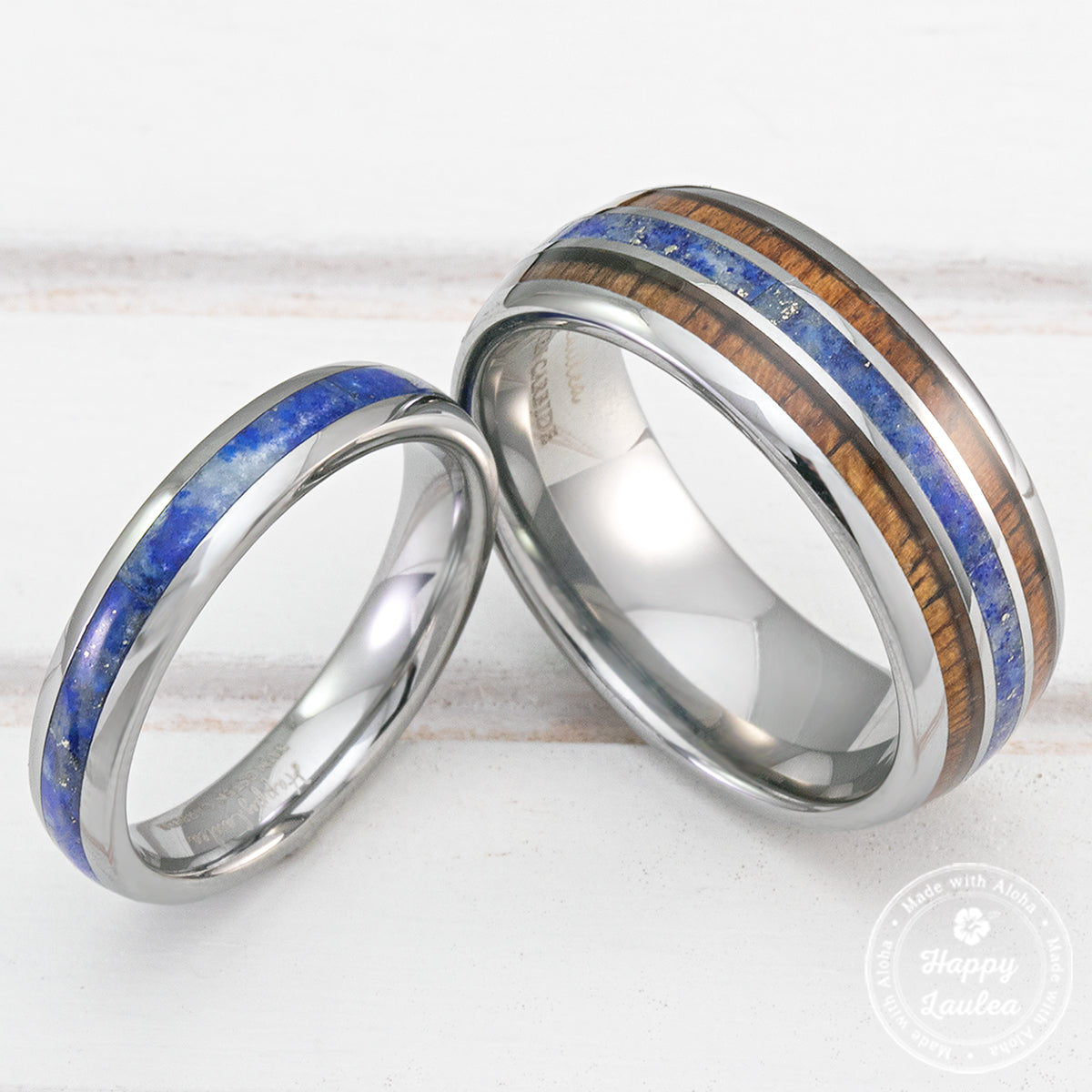 Pair of 4&8mm Assorted Tungsten Carbide Couple/Wedding Rings with Lapis Lazuli and Koa Wood Inlay - Dome Shape, Comfort Fitment