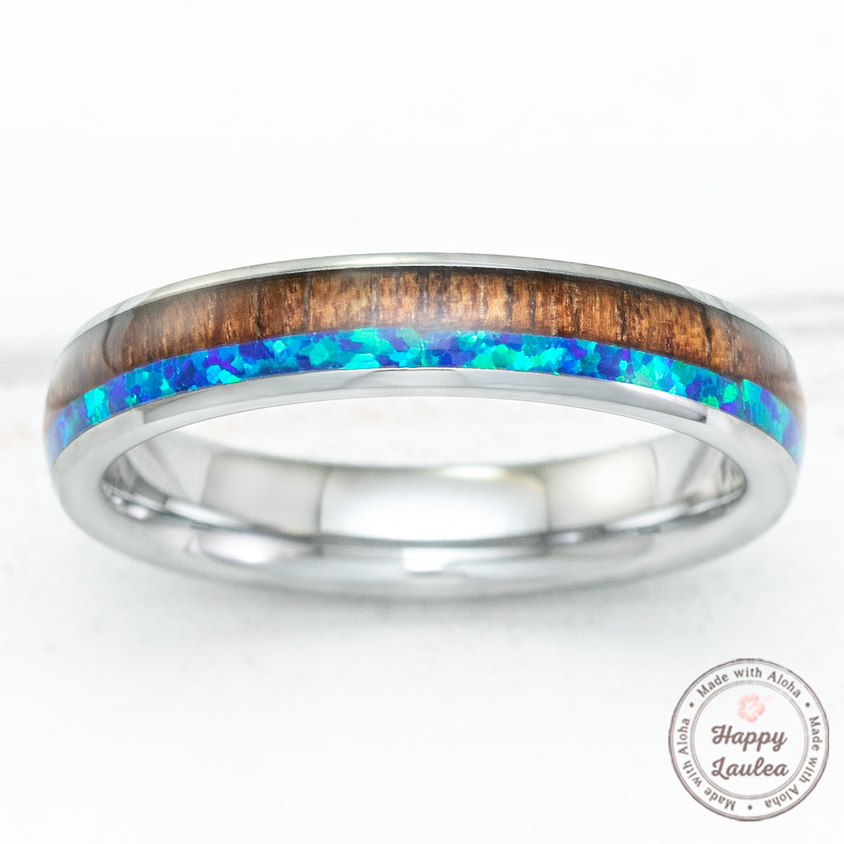 Tungsten Carbide 4mm Ring with Blue Opal & Koa Wood Duo-Inlay - Dome Shape, Comfort Fitment