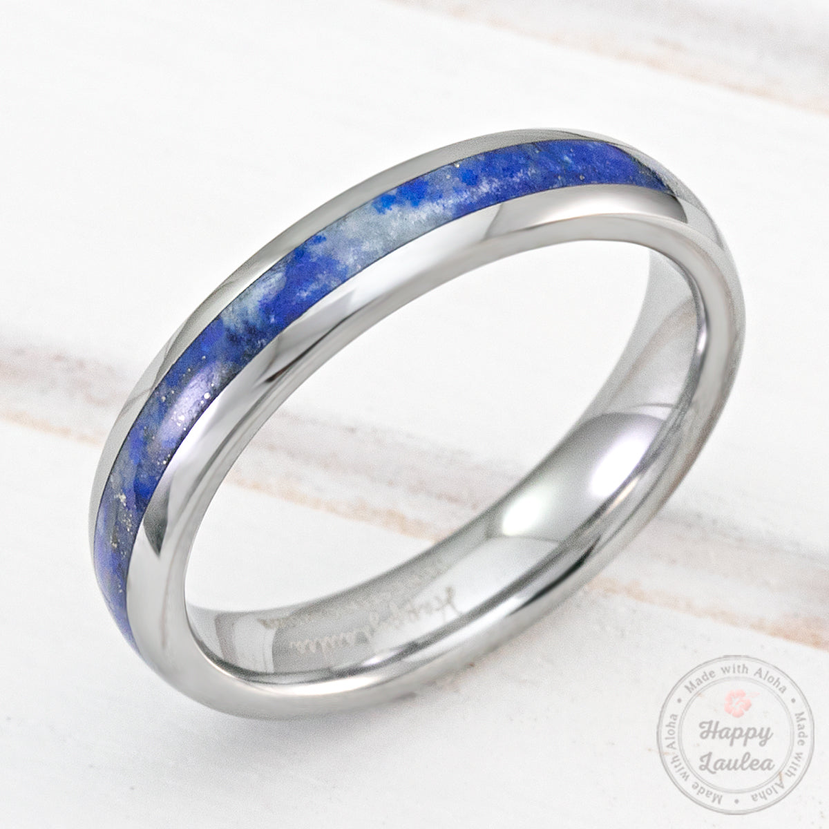 Pair of 4&8mm Tungsten Carbide Rings with Lapis Lazuli Inlay - Dome Shape, Comfort Fitment