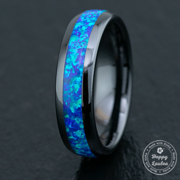 Black Hi-Tech Ceramic Ring /  Blue Opal Inlay / 6mm / Dome Shape & Comfort Fitment