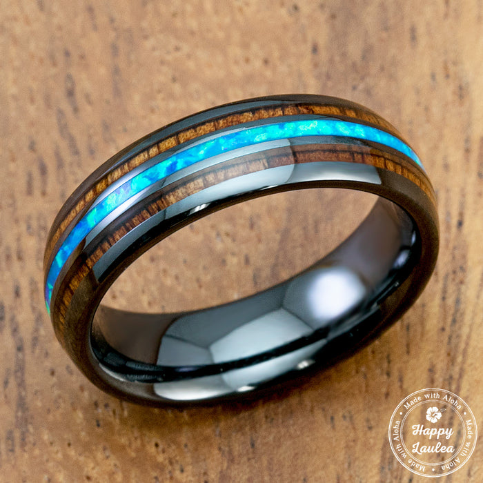 HI-TECH Black Ceramic Ring with Blue Opal & Koa Wood Tri-Inlay - 6mm, Dome Shape, Comfort Fitment