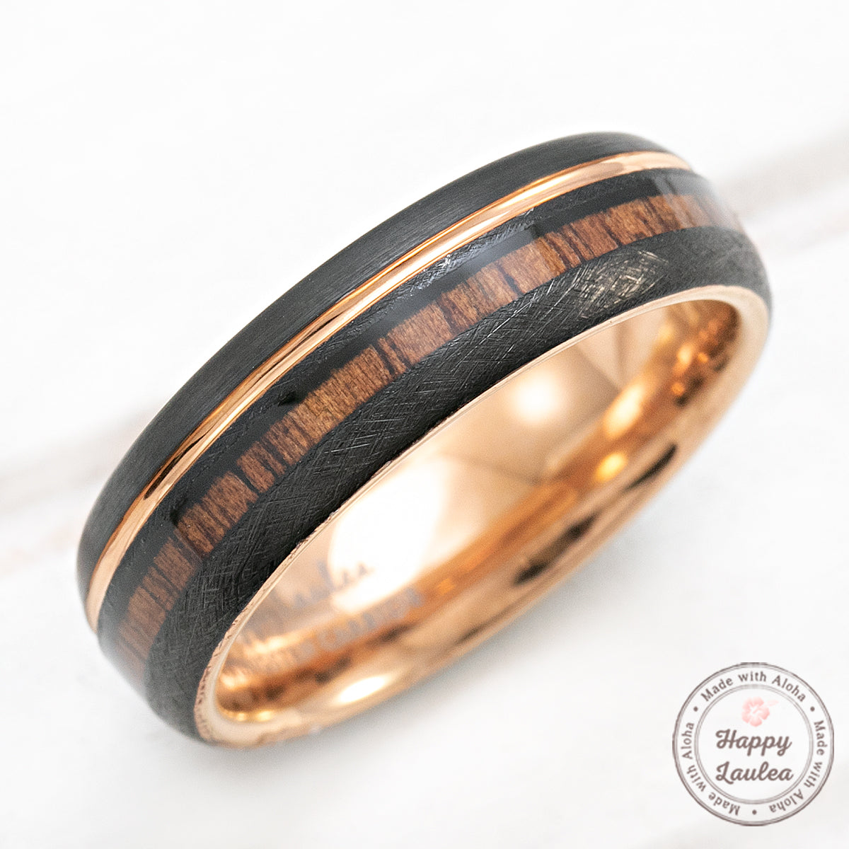 Black & Rose Gold Tungsten Ring with Offset Strip and Koa Wood Inlay - 6mm, Dome Shape, Comfort Fitment