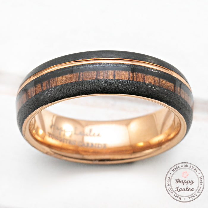 Black & Rose Gold Tungsten Ring with Offset Strip and Koa Wood Inlay - 6mm, Dome Shape, Comfort Fitment