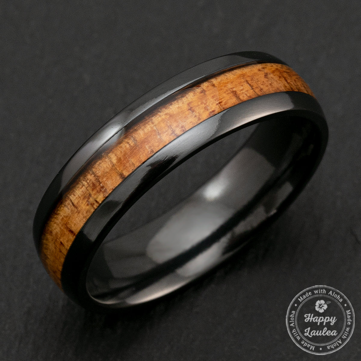 Black Zirconium 6mm Ring with Hawaiian Koa Wood Inlay - Dome Shape, Comfort Fitment