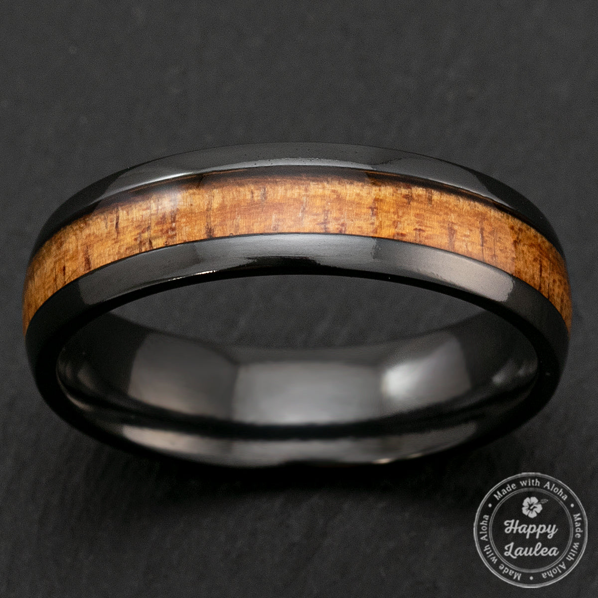 Black Zirconium 6mm Ring with Hawaiian Koa Wood Inlay - Dome Shape, Comfort Fitment