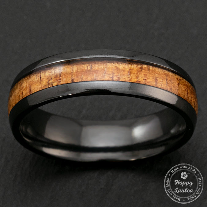 Black Zirconium 6mm Ring with Hawaiian Koa Wood Inlay - Dome Shape, Comfort Fitment