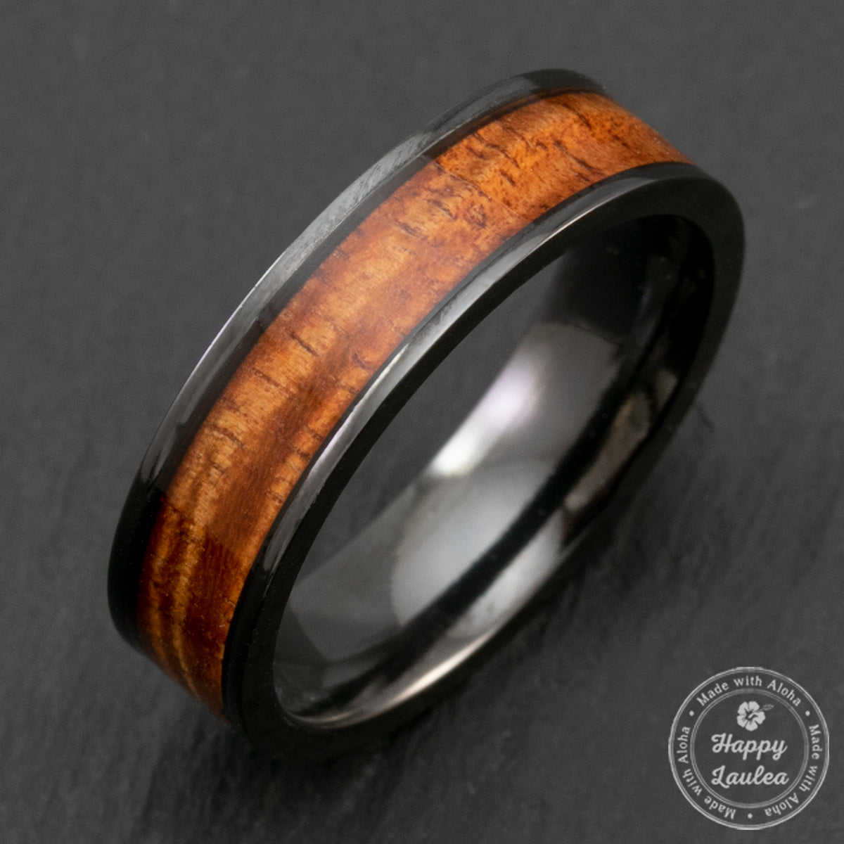 Black Zirconium 6mm Ring with Hawaiian Koa Wood Inlay - Flat Shape, Comfort Fitment