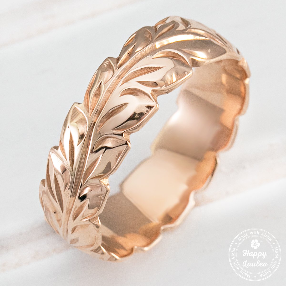 14k Gold Hand Engraved Ring [6mm] Hawaiian Maile Leaf Design - Barrel Shape