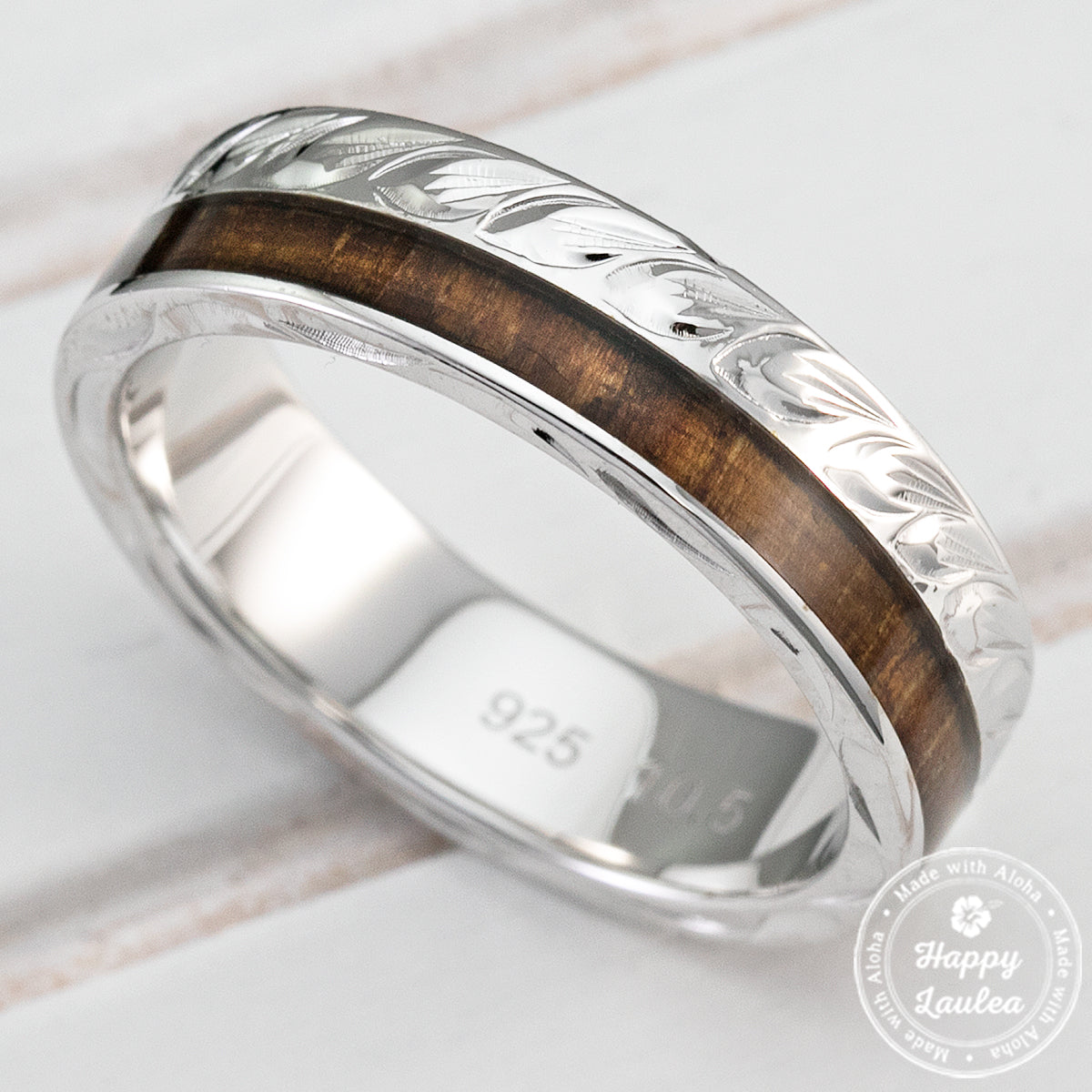 925 Sterling Silver Hand Engraved Maile Leaf Ring with Hawaiian Koa Wood Inlay - 6mm, Flat Shape, Standard Fitment