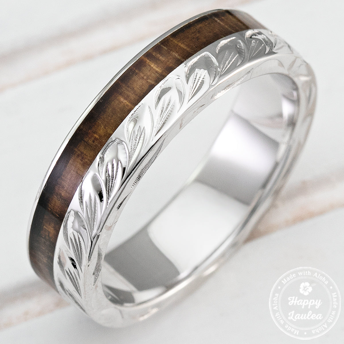 925 Sterling Silver Hand Engraved Maile Leaf Ring with Hawaiian Koa Wood Inlay - 6mm, Flat Shape, Standard Fitment
