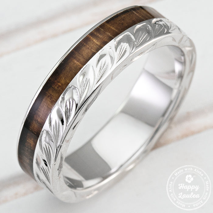 925 Sterling Silver Hand Engraved Maile Leaf Ring with Hawaiian Koa Wood Inlay - 6mm, Flat Shape, Standard Fitment