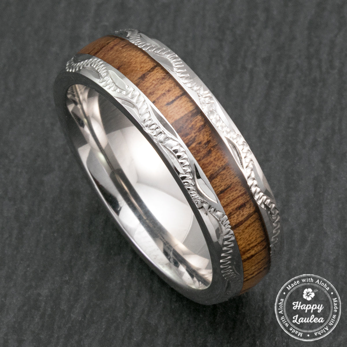 Sterling Silver Hand Engraved Hawaiian Jewelry Ring with Koa Wood Inlay - 8mm, Dome Shape, Comfort Fitment