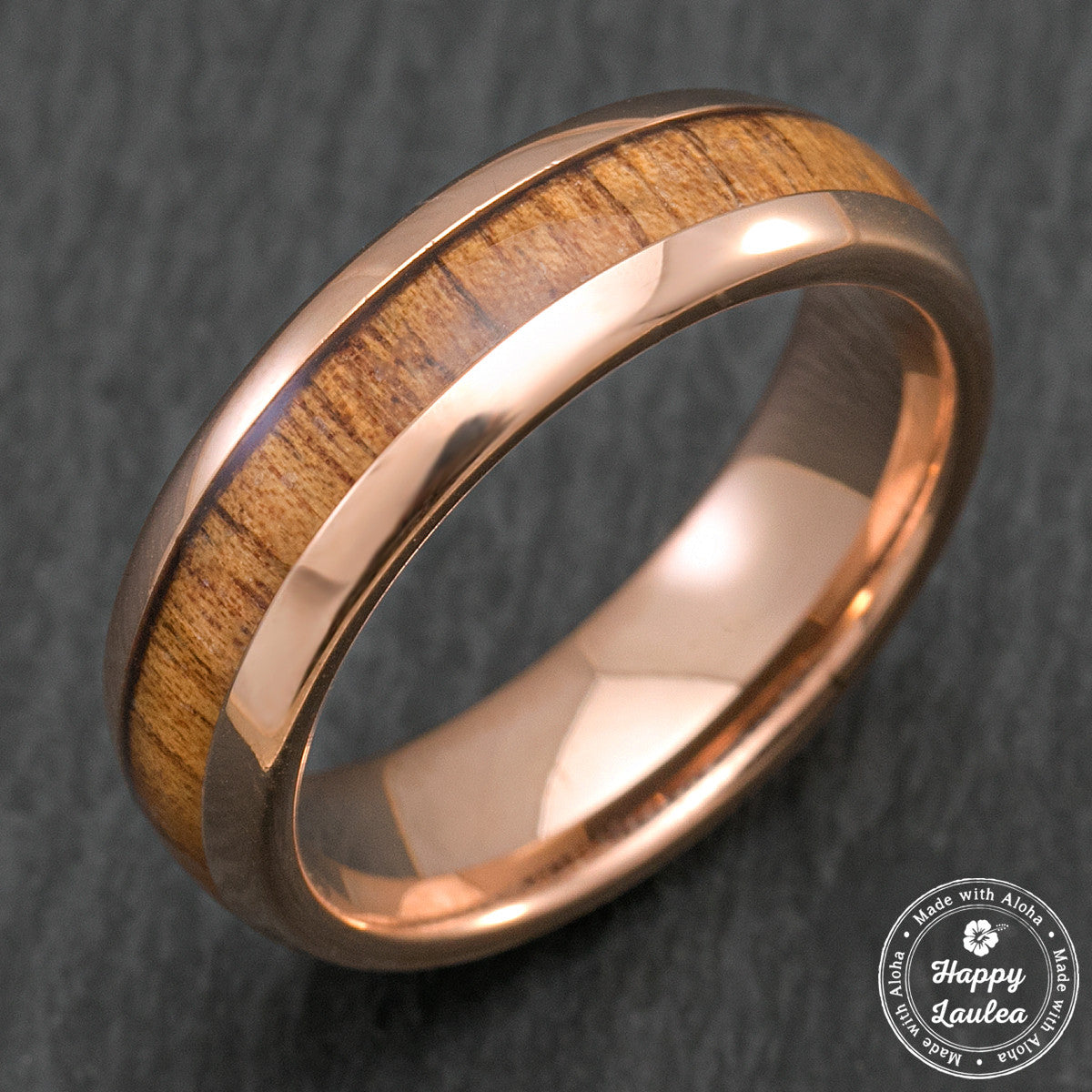 Tungsten Carbide Rose Gold Plated Ring with Koa Wood Inlay - 6mm, Dome Shape, Comfort Fitment