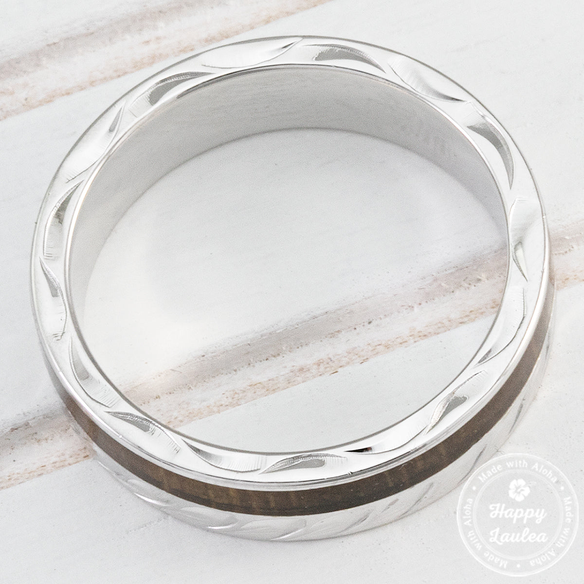 925 Sterling Silver Hand Engraved Maile Leaf Ring with Hawaiian Koa Wood Inlay - 6mm, Flat Shape, Standard Fitment