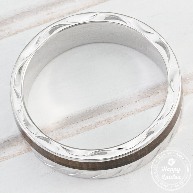 925 Sterling Silver Hand Engraved Maile Leaf Ring with Hawaiian Koa Wood Inlay - 6mm, Flat Shape, Standard Fitment