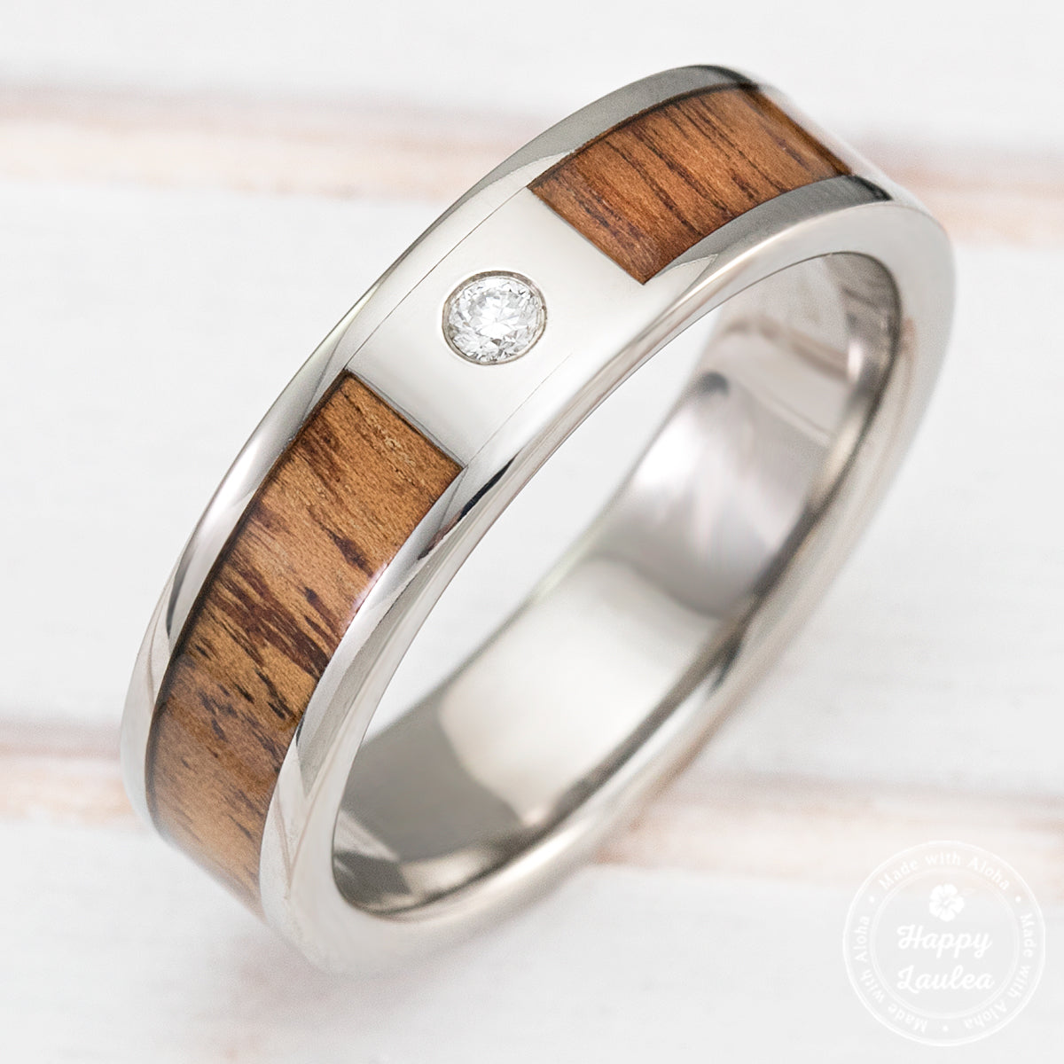 Titanium Diamond Ring with Hawaiian Koa Wood Inlay [6mm width] Flat Shape, Standard Fitment