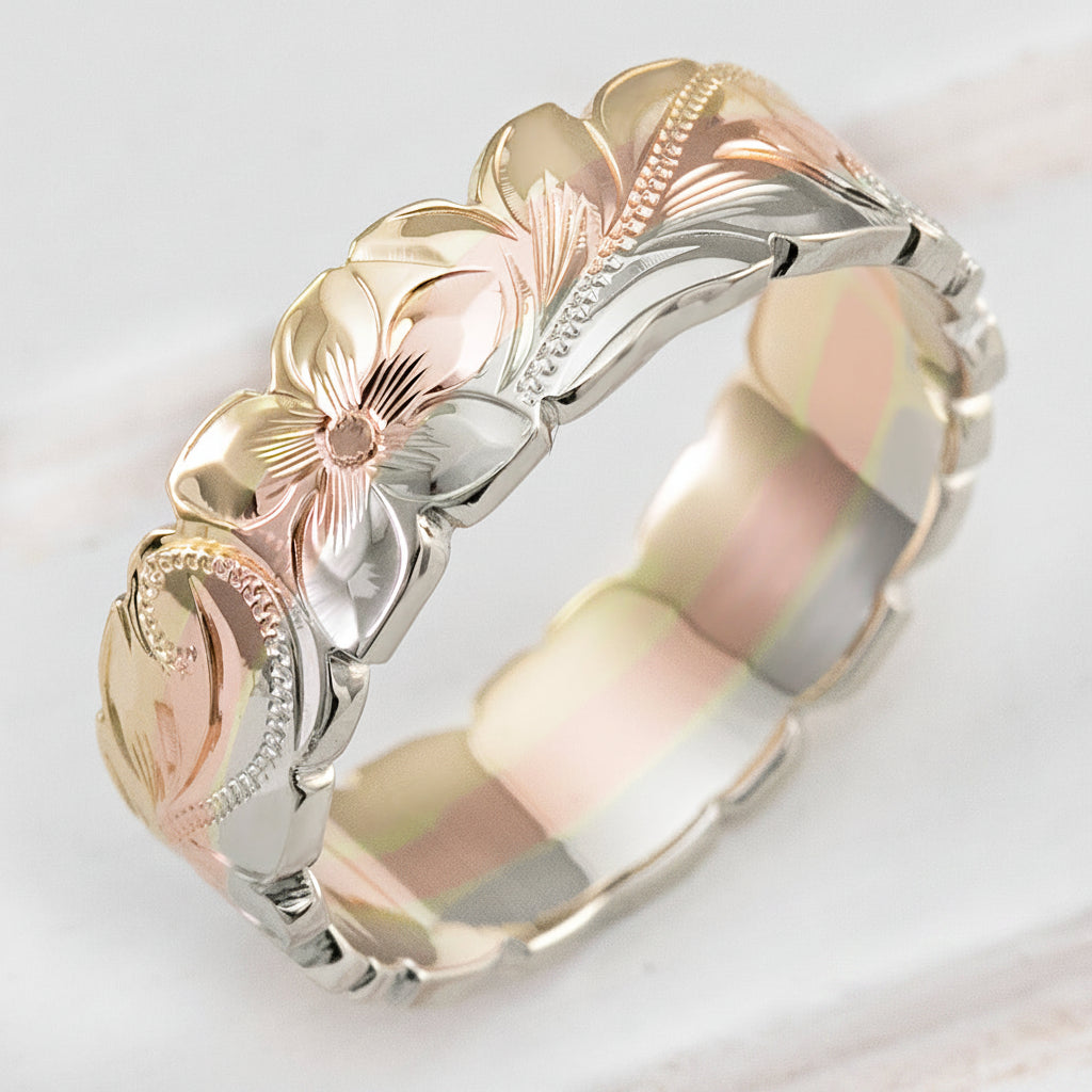 Tri-Gold Waved Edged Hawaiian Jewelry Ring - 6mm, Flat Shape, Standard Fitment