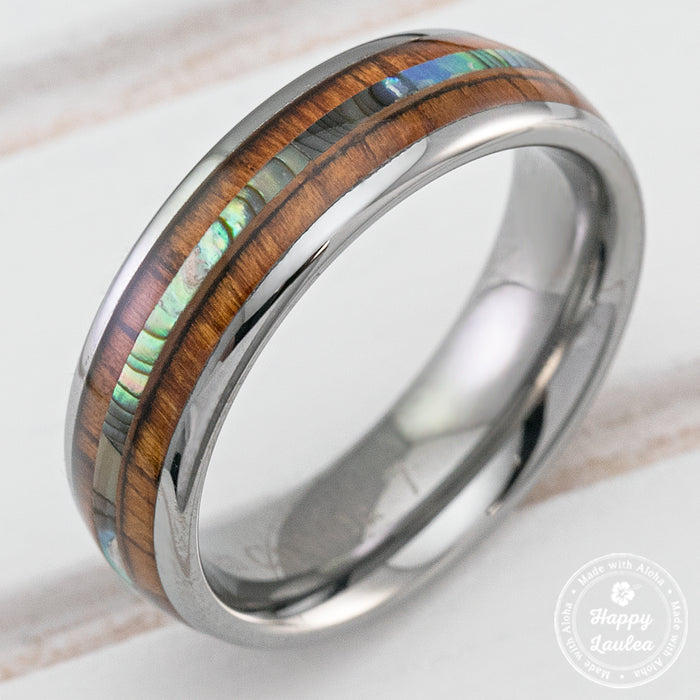 Tungsten Carbide Ring with Abalone Shell & Koa Wood Inlay (without center strip) - 6mm, Dome Shape, Comfort Fitment
