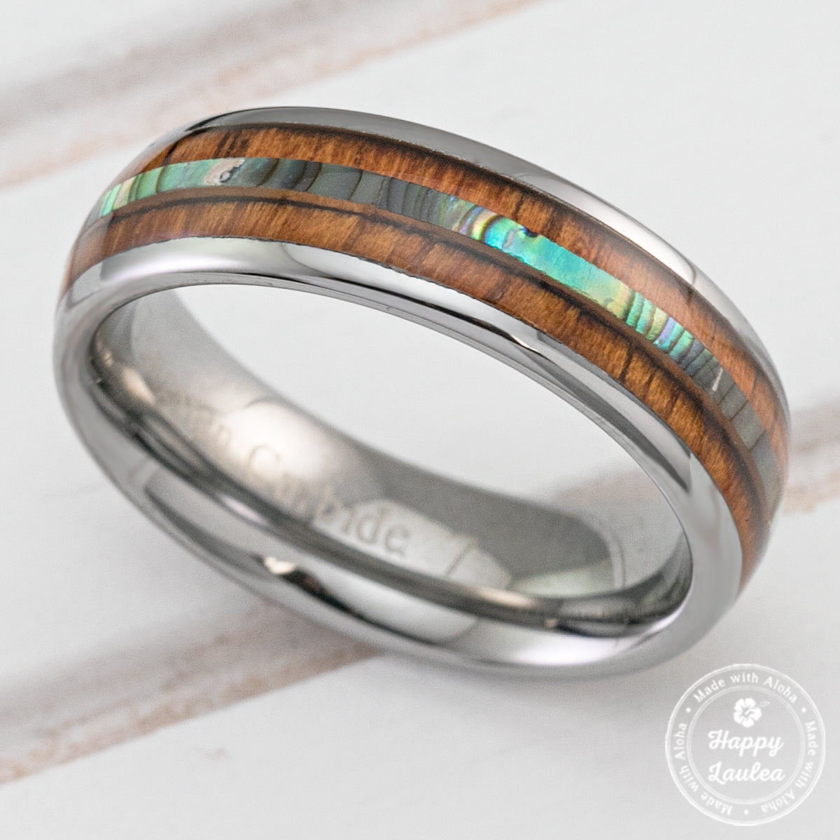 Tungsten Carbide Ring with Abalone Shell & Koa Wood Inlay (without center strip) - 6mm, Dome Shape, Comfort Fitment