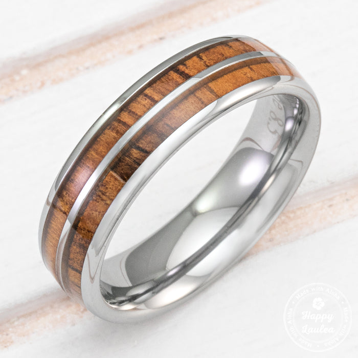 Tungsten Carbide Ring with Koa Wood Duo Inlay - 6mm, Dome Shape, Comfort Fitment