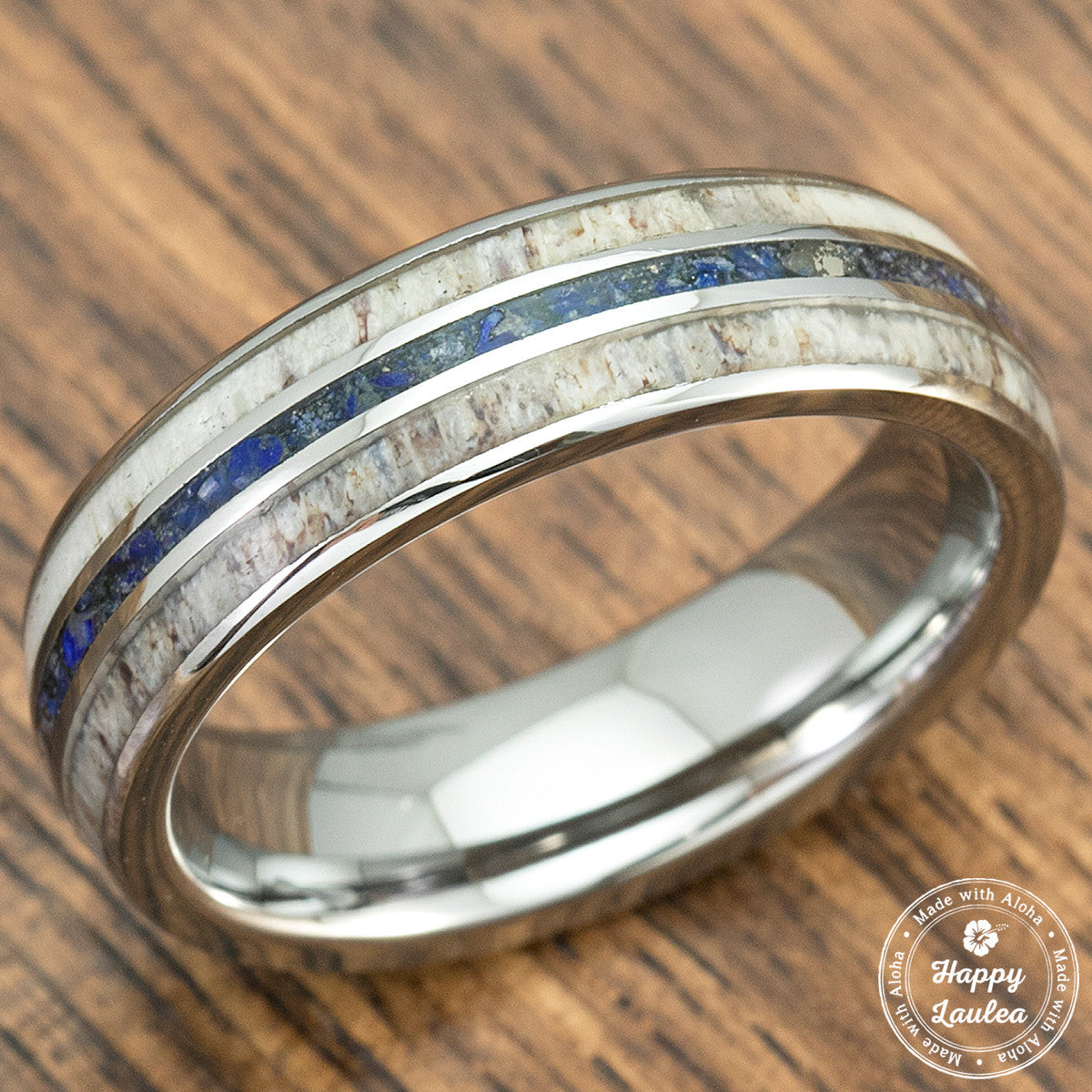 TUNGSTEN CARBIDE RING WITH CRUSHED LAPIS LAZULI & ANTLER TRI-INLAY - 6MM, DOME SHAPE, COMFORT FITMENT